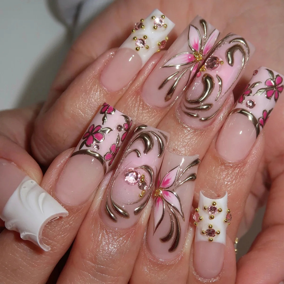24Pcs Long Square Press on Nails Leopard Print French 3D Cherry Design False Nail Rhinestone Wearable Full Cover Fake Nails Tips