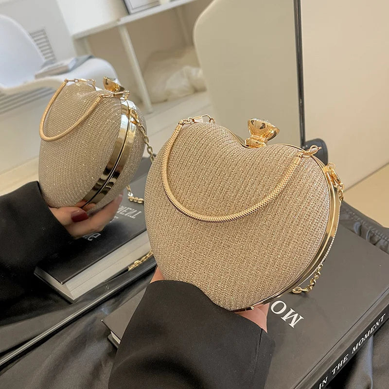 Evening Clutch Bag For Women Shiny Heart Shape Metal Clutch Chain Shoulder Purse