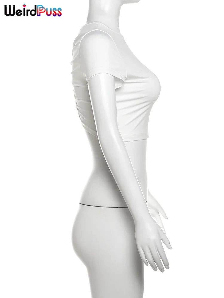 Weird Puss Casual T-Shirt Monogram Y2K  Women Shorts Sleeve Shirring Crop Tops Chic Hot Hot Girl Wild Streetwear Tees