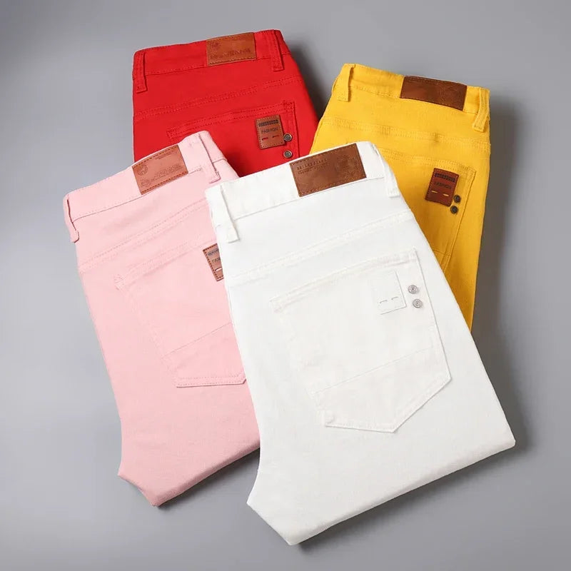 White Yellow Pink Red Fashion 5 Color Fashion Men's Stretch Jeans Slim Streetwear Korean Business Straight Casual Denim Trousers