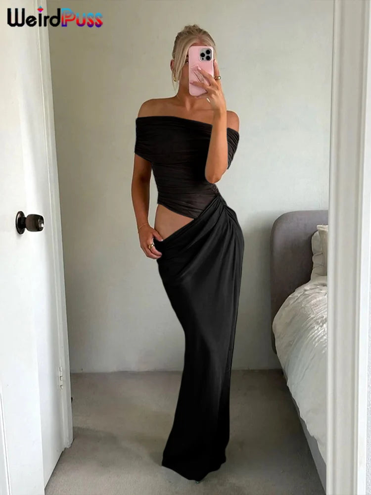 Mesh Patchwork Slash Neck Ruched Long Bodycon Dress — Women's