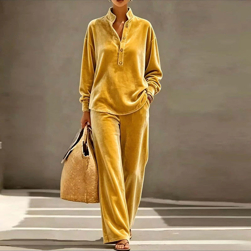 Autumn Winter Solid Soft Velvet 2 Piece Set Women Fashion Stand Neck Button Blouses High Waist Pants Sets Long Sleeve Warm Suits