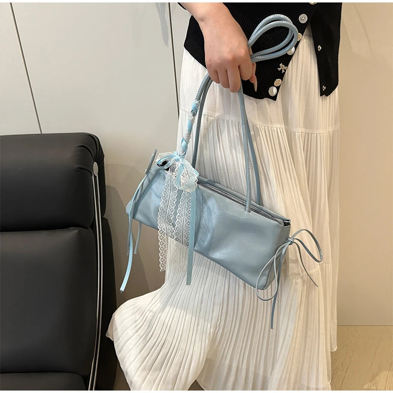 Korean Bow Ribbon Handbag Fashion Lace Square Shoulder Bag French Elegant Baguette Bag Leisure Large Capacity Tote Underarm Bag