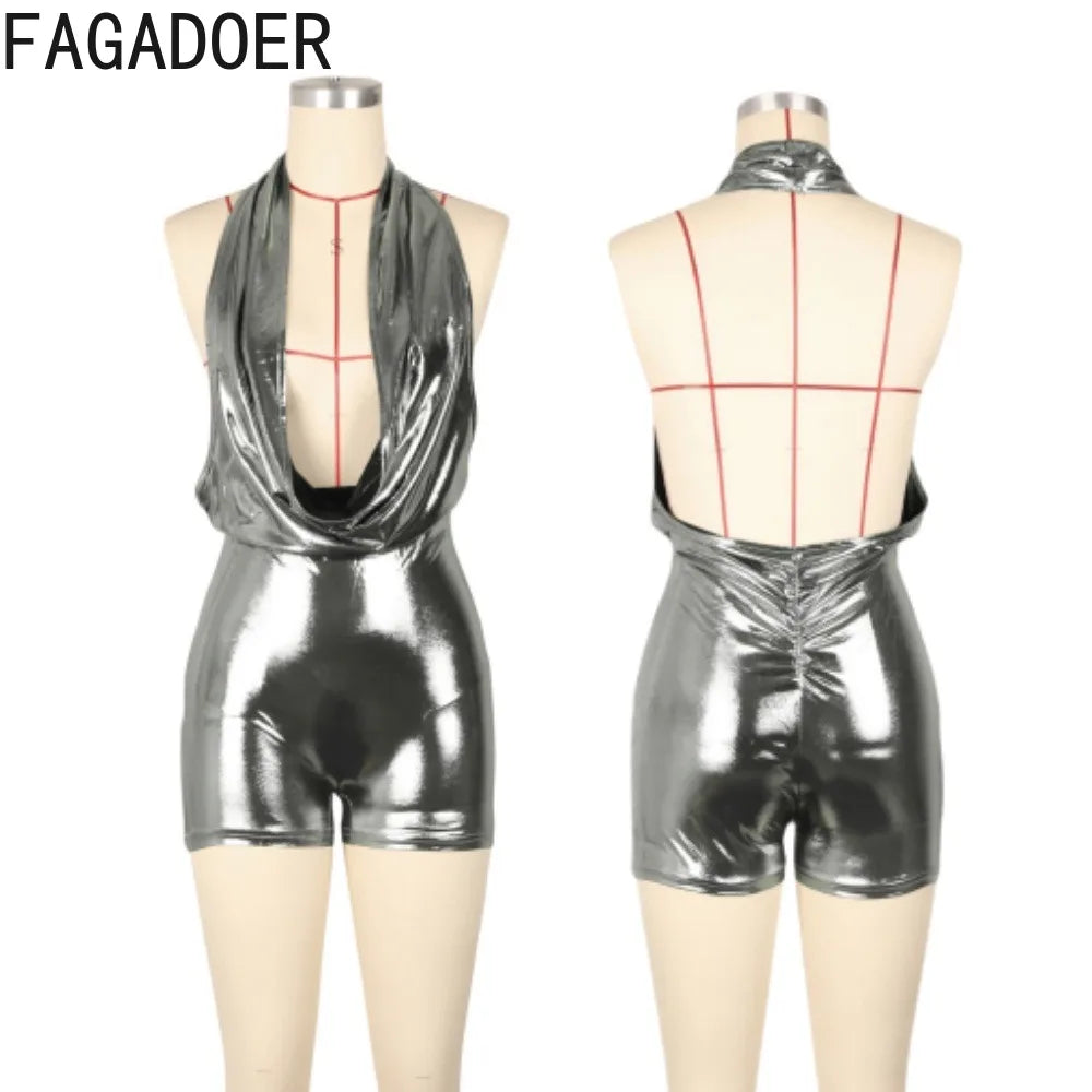 FAGADOER Halter Sexy One Piece Rompers Women Shiny Metallic Deep V-neck Backless Sleeveless Bodycon Overalls Hot Girl Clubwear