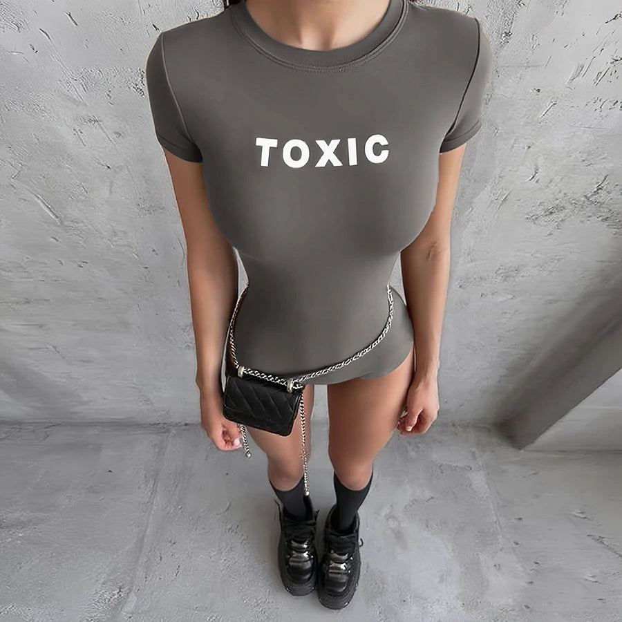 Weird Puss Letter Print Fashion Romper Women Body-Shaping  o-Neck Mini Sleeve Tight Peach Hip Casual Simple Workout Playsuits