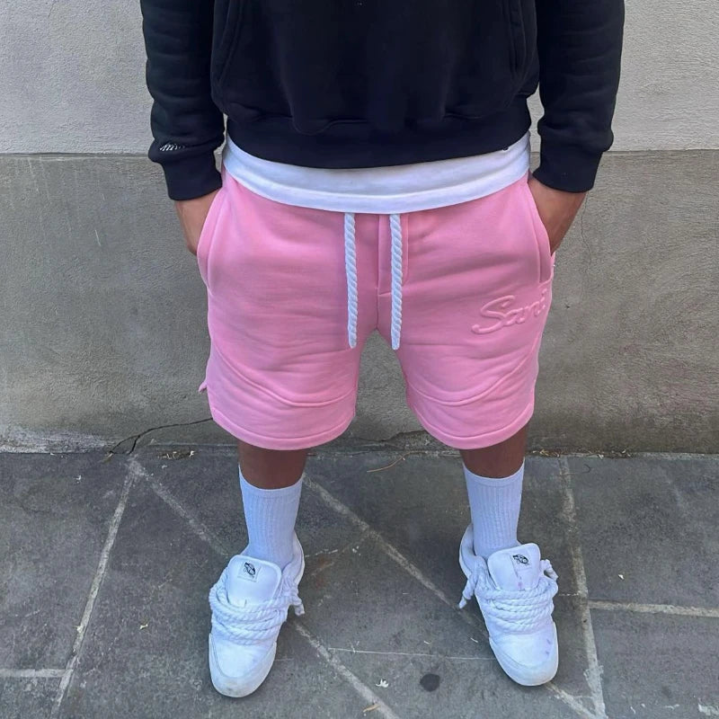 Y2K Harajuku Solid Shorts Man Letter Embossed Pink Sweatpants Hip Hop Retro Casual Stylish Comfortable Shorts Unisex Pants