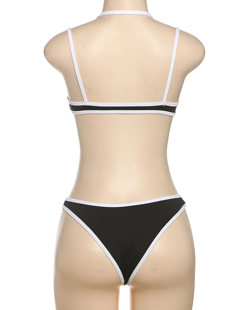 Weird Puss Patchwork 2 Piece Set Women Swimsuit Beach White Border Halter Bra Tops+Panties Basic Skinny Clubwear Vacation Suits