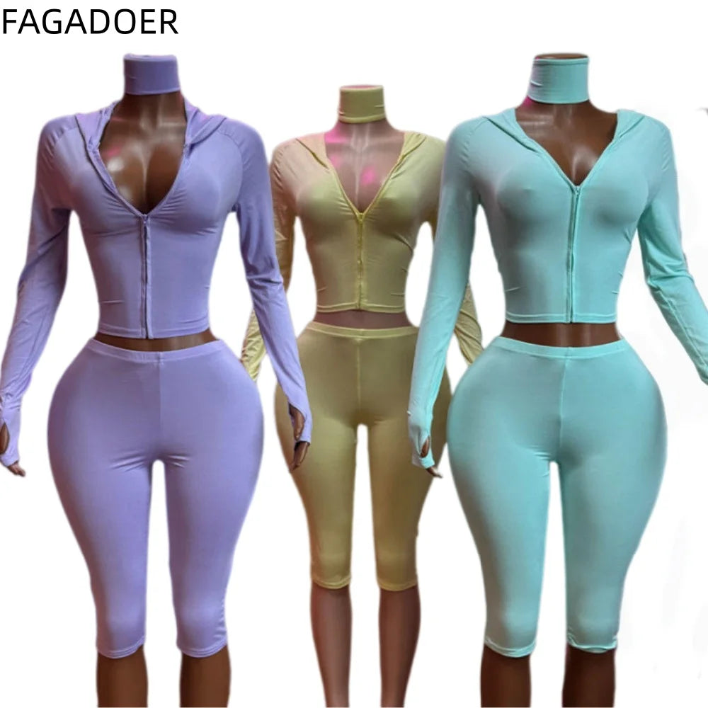 FAGADOER Casual Sporty 3 Piece Sets Fashion Solid Hooded Zip Up Long Sleeve Crop Top Capri Pants Headbands Matching Tracksuits
