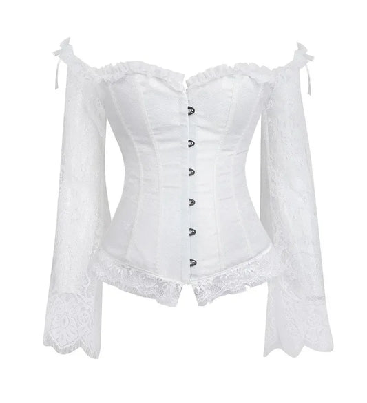 Corset Tops for Women with Sleeves Vintage Style Victorian Retro Burlesque Lace Corset and Bustiers Vest Fashion White