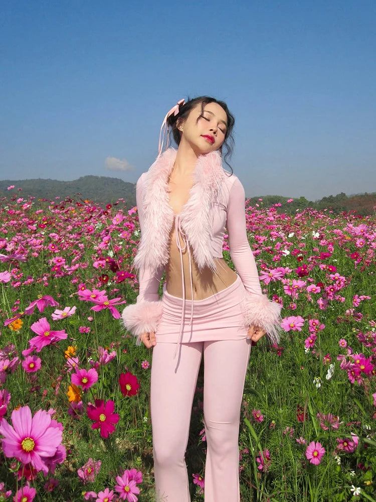 Weird Puss Feather Patchwork 2 Piece Set Women Bandages Bell sleeve Crop Top+Peach Hip Flare Pants Sexy Stretch Party Streetwear