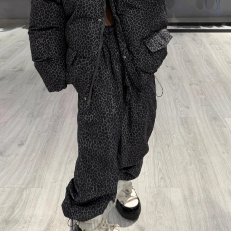 Women Leopard Print 2‑Piece Outfit Hooded Puffer Coat Wide Leg Pants Set Loose Warm Winter Street  Ladies Matching Outfit Suit