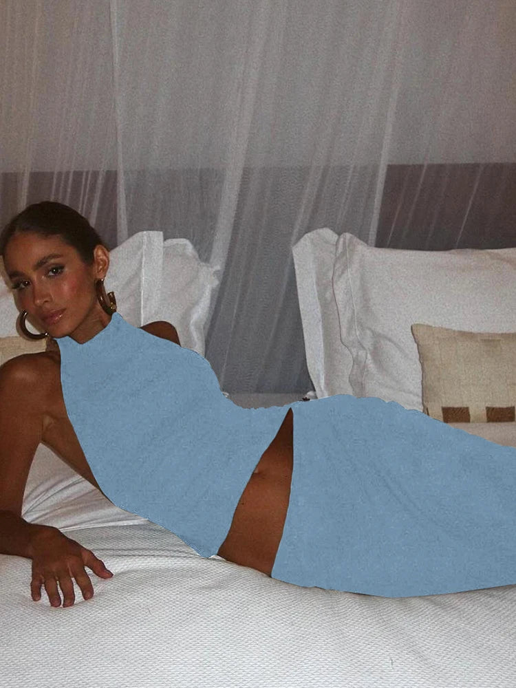 Weird Puss Simple Hollow 2 Piece Set Women Summer Halter Swing Collar Backless Crop Tops+Long Skirts Vacation Matching Outfits