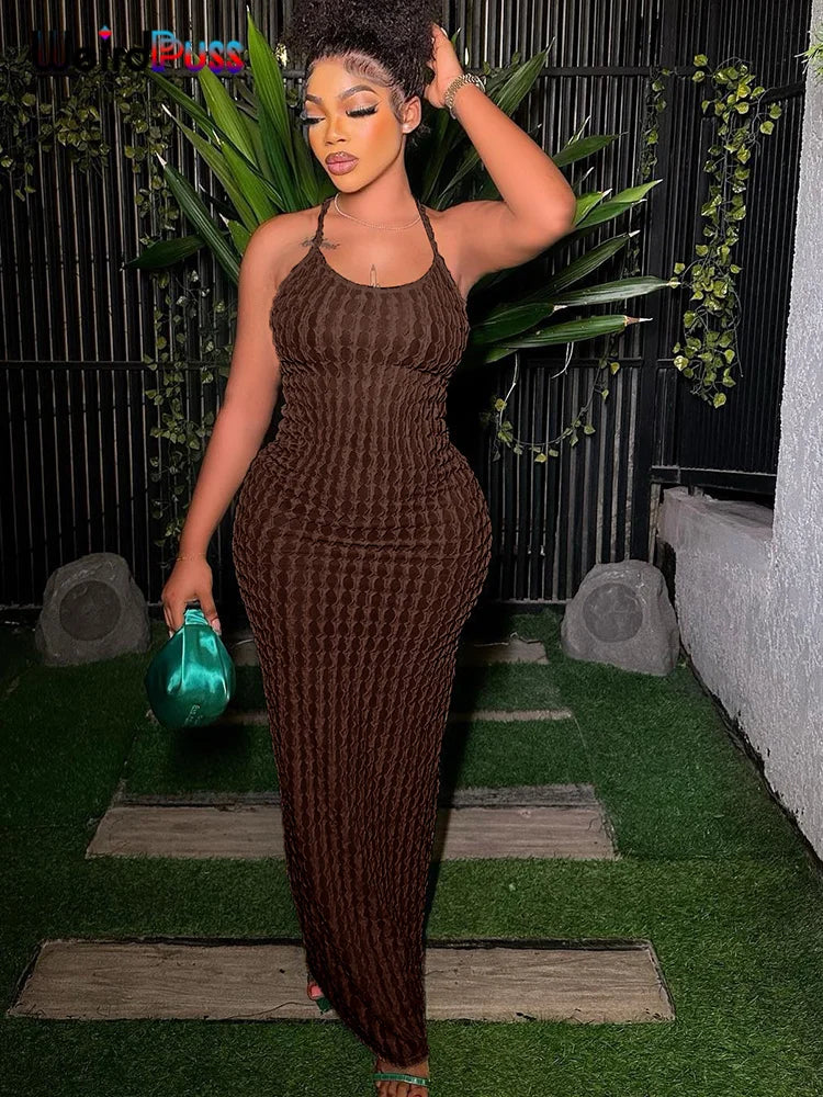 Weird Puss Backless Halter Dress Women Cross Bandage Sleeveless Sexy Elegant Skinny Stretch Wedding Party Maxi Bodycon Vestidos