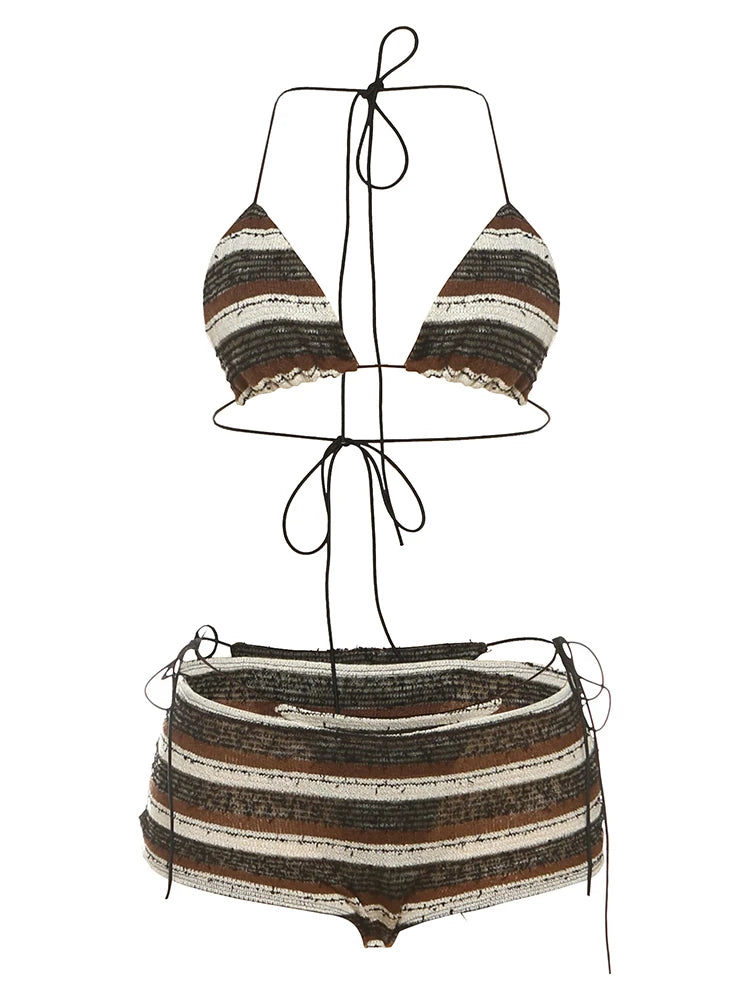 Weird Puss Ripped Tassel 3Piece Set Women Sexy Crochet Y2K Bandage Bra+Thong+Shorts Beach Vacation Midnight Club Party Swimsuit