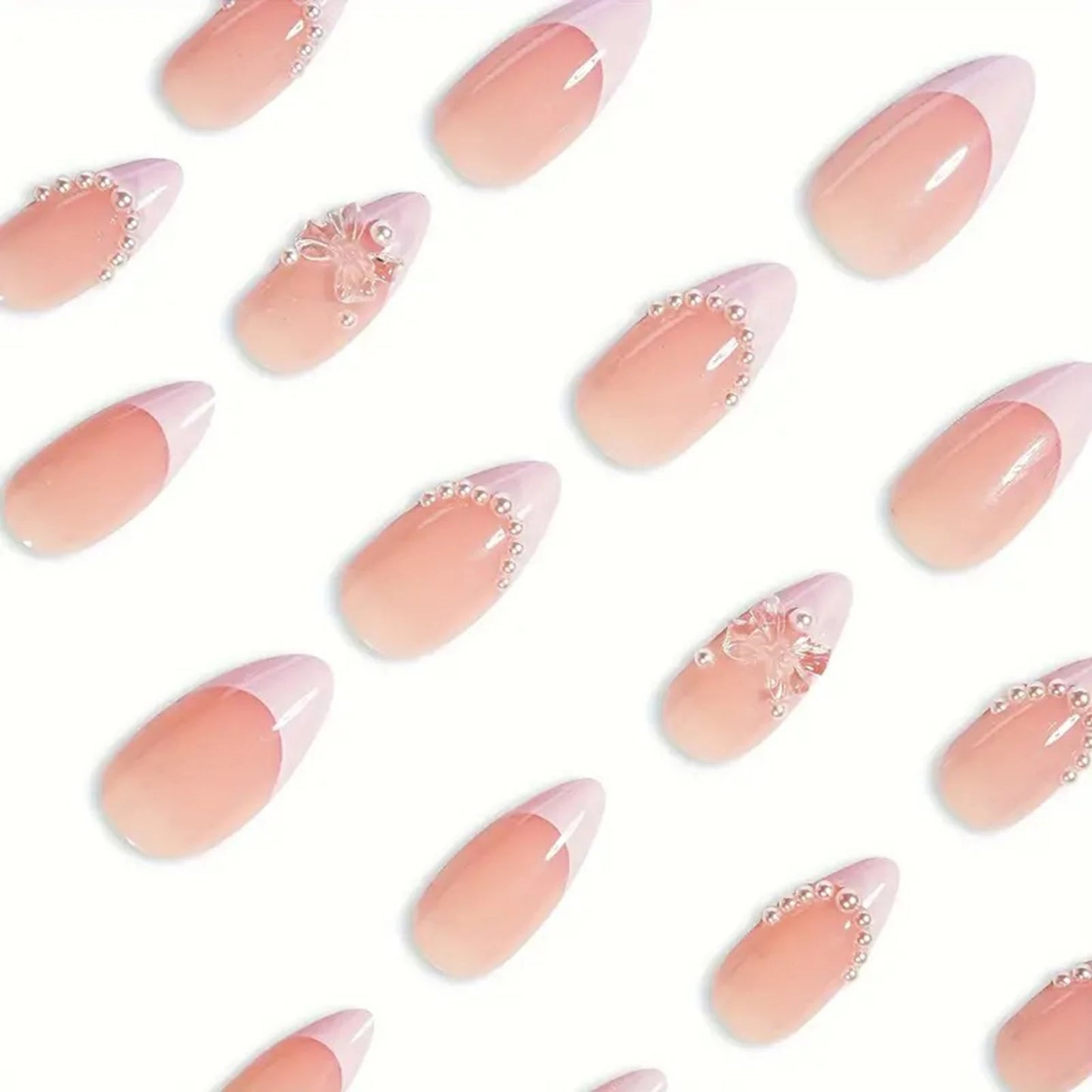 24pcs French Almond False Nails Sweet Pink Pearl Bow Decor Fake Nails Wearable Detachabe Sweet Korean Press on Nails for Girls