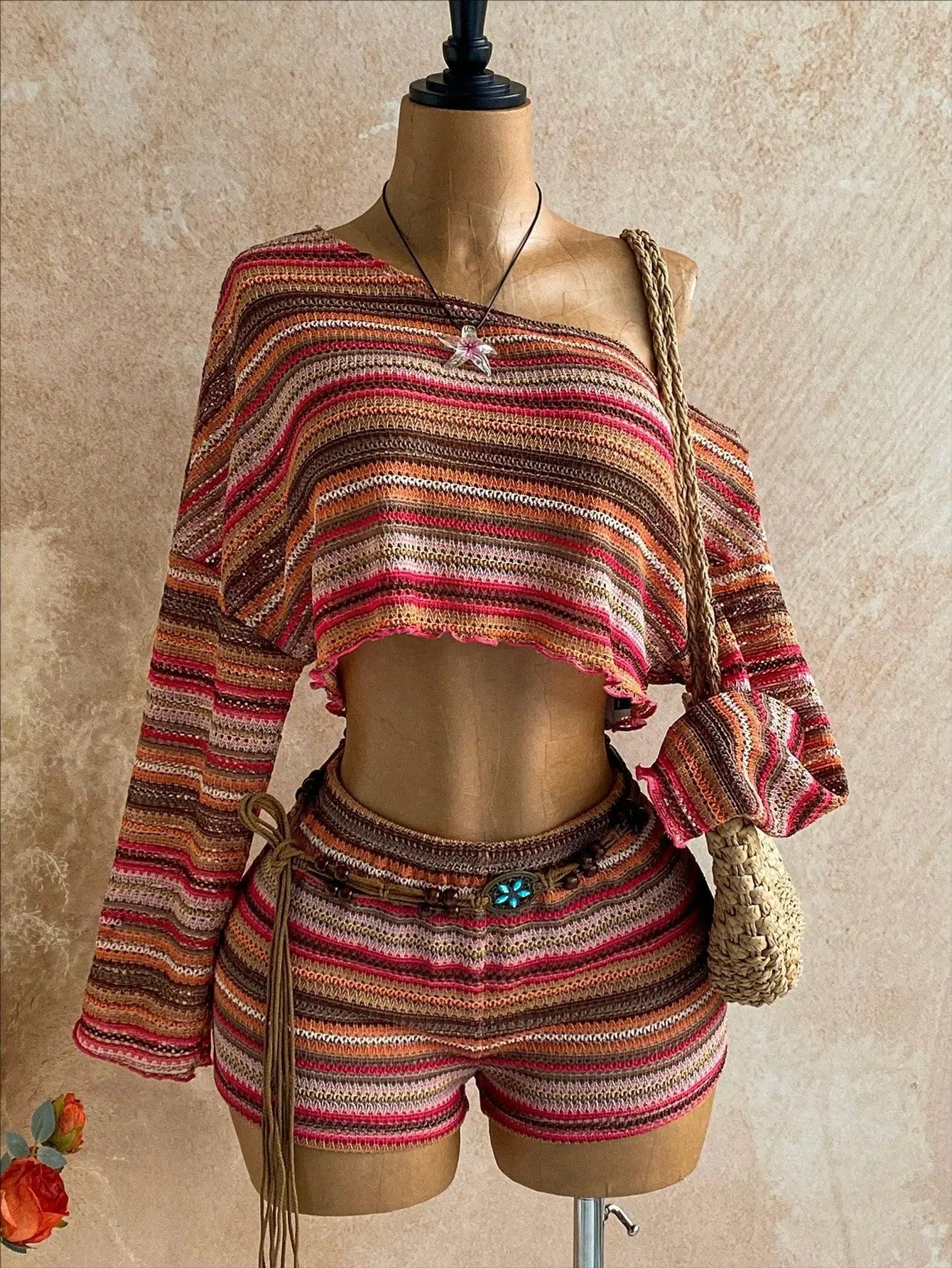 Two Piece Set Women Outfit 2026 Spring Summer New Slanted Collar Long Sleeve Crop Top & High Waist Casual Vacation Shorts Set