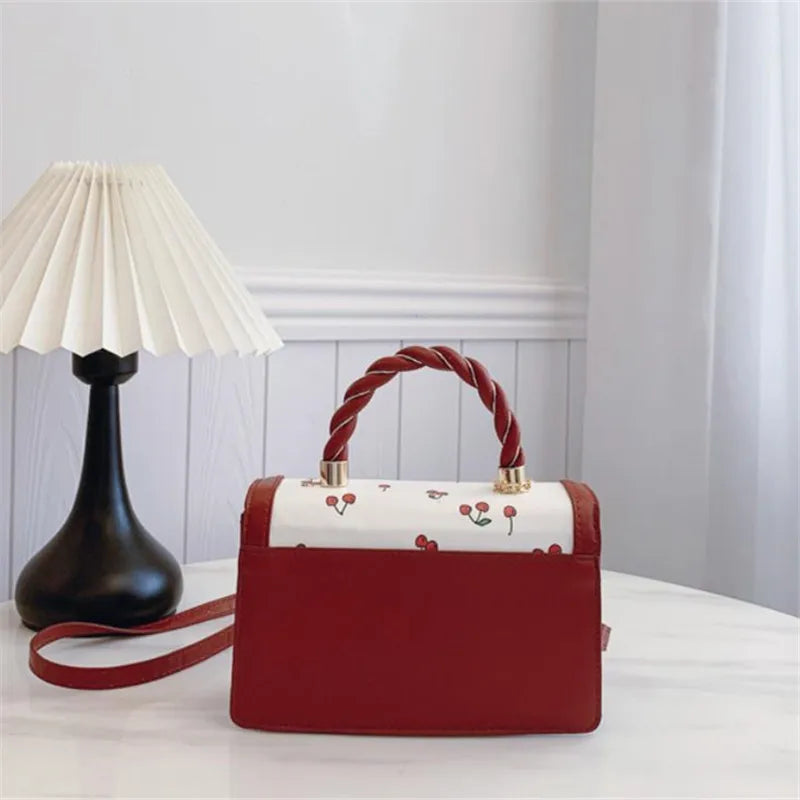 Cute Cherry Printed Handbag Shoulder Bag, Woven Handle Square Tote Bag, Fresh Design Women's Crossbody Bag, Stylish Women Bag