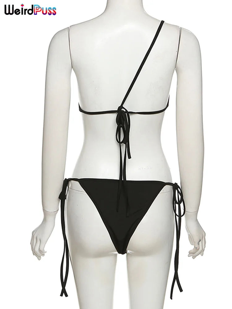 Weird Puss Beach Style Women Bikini 2 Piece Set Sexy Mesh Patchwork One Shoulder Bra Top+Bandage Briefs Vacation Trend Clubwear