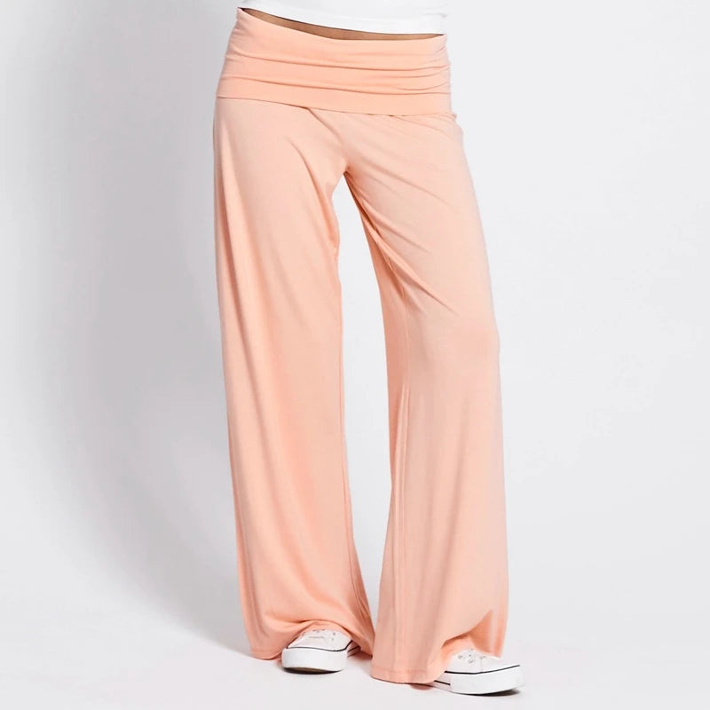 Women Casual Fold‑Over Waist Flare Pants Solid Stretchy Wide Leg Bell Trousers Daily Wear Lounge Y2K Loose Fit Sweat Pants