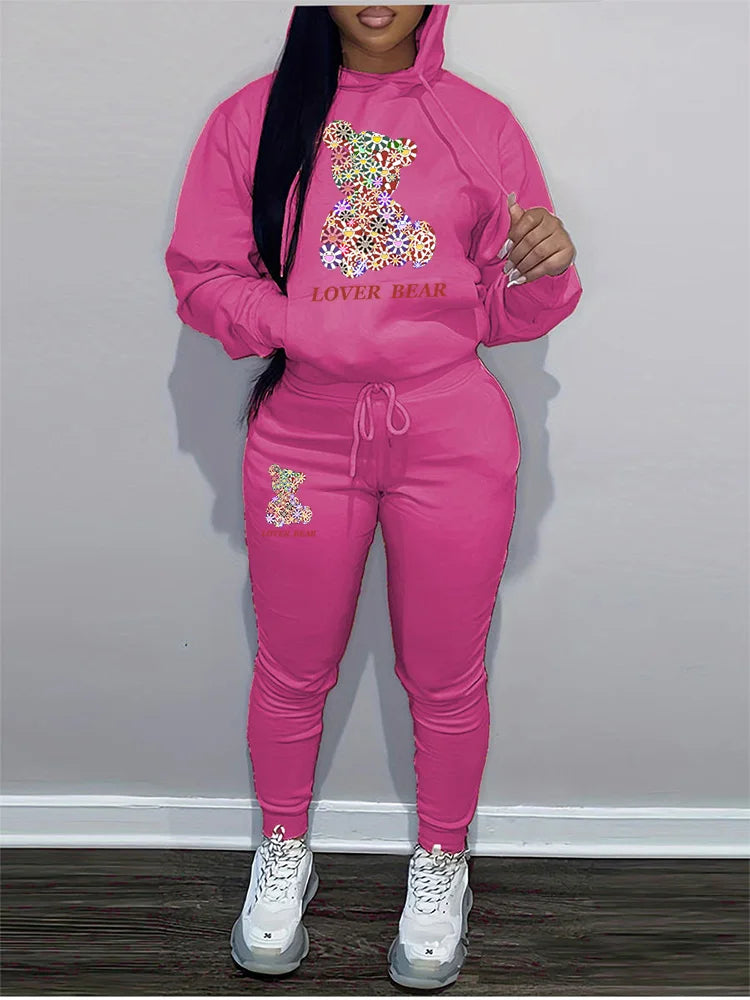 Women's Hoodies Sets Pants Suit 2 Piece Outfits 2025 New Letter Print Bear Aesthetics Sweatshirt and Sweatpants Womens Tracksuit