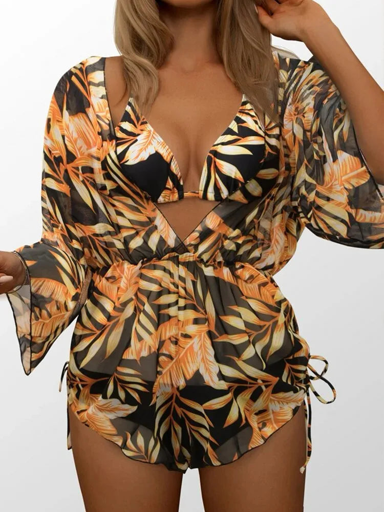 Sexy 3 Pieces Swimsuit Tropical Print Swimwear Halter Lace-Up Micro Bikini Set+Drawstring Bodysuit Cover Up Beachwear Tankinis