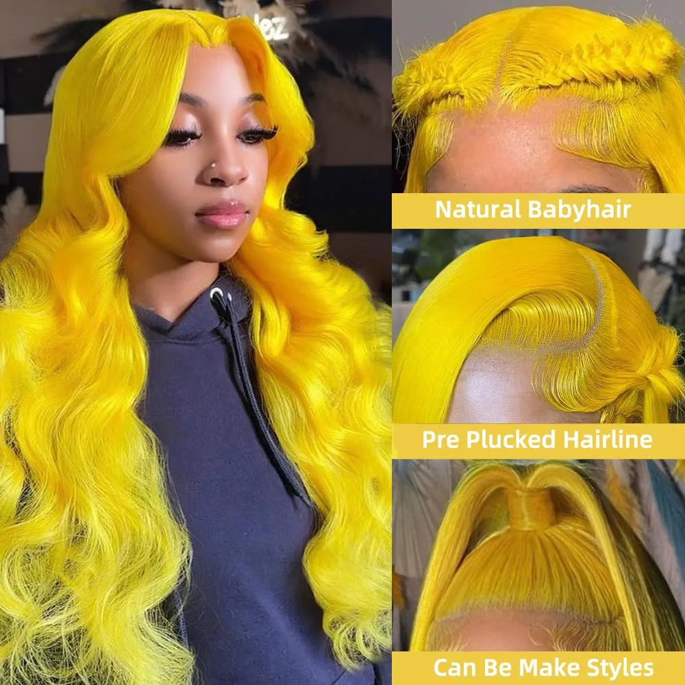 28 Inch Yellow Wig Human Hair Body Wave 13x6 HD Lace Frontal Wig Plucked 200% Density Colored  Lace Wig Water Wave For Women