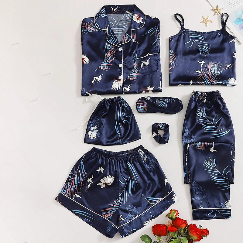 Women's Pajamas Set 7 Pieces Satin Sleepwear Pijama Silk Nightgown Suit Summer Women Home Clothing Printing Sleep Pyjama Femme
