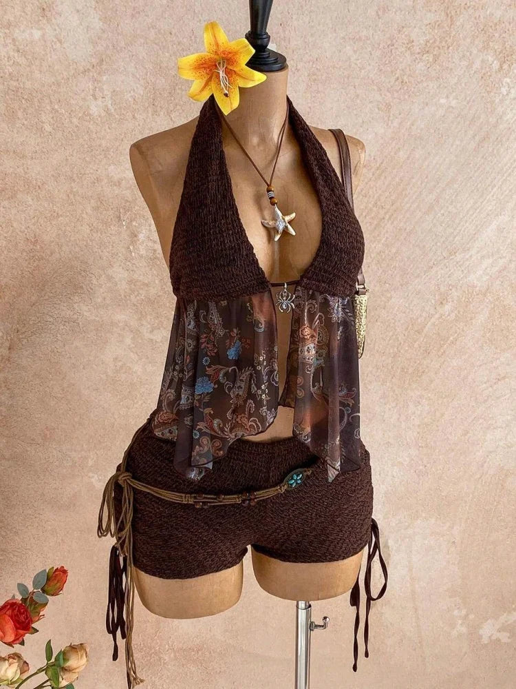 Pant Suit Halter V Neck Chiffon Spliced Floral Top Side Drawstring Shorts Matching Outfit For Women Beach Vacation Boho Retro Stylish Wear