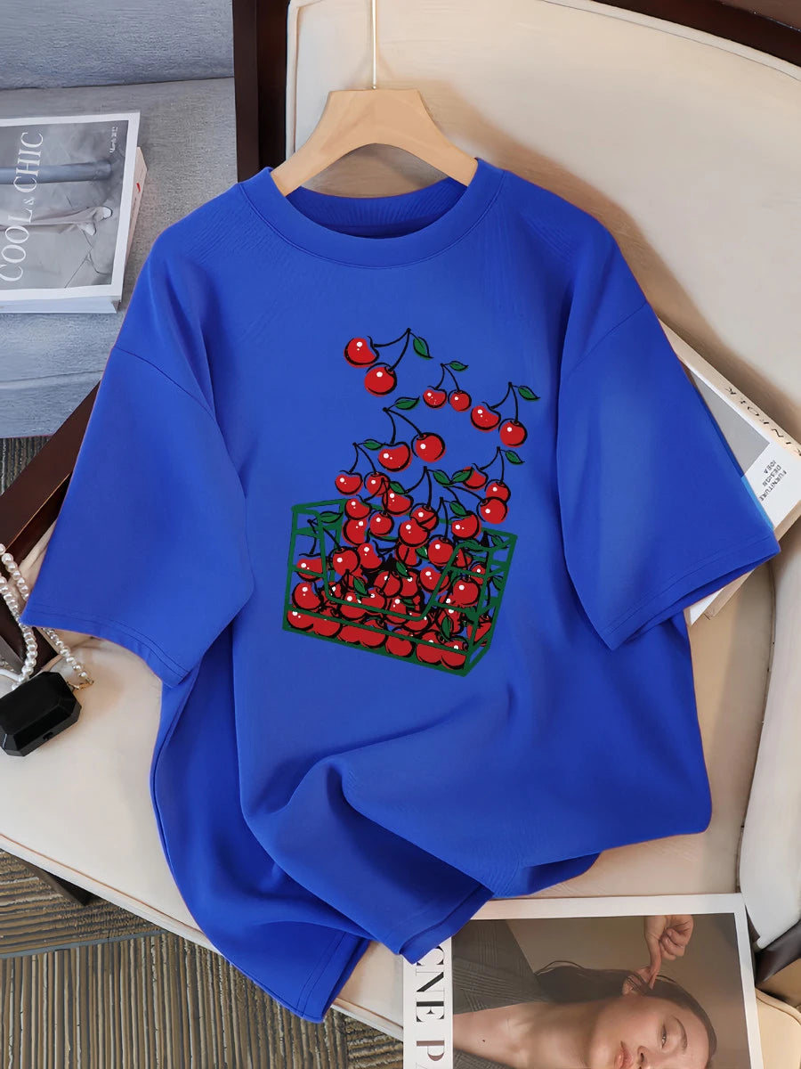 A Basket Of Cherries Printing Female Tee Shirt Breathable Casual T-Shirts Summer Short Sleeve Soft Loose Streetwear Women