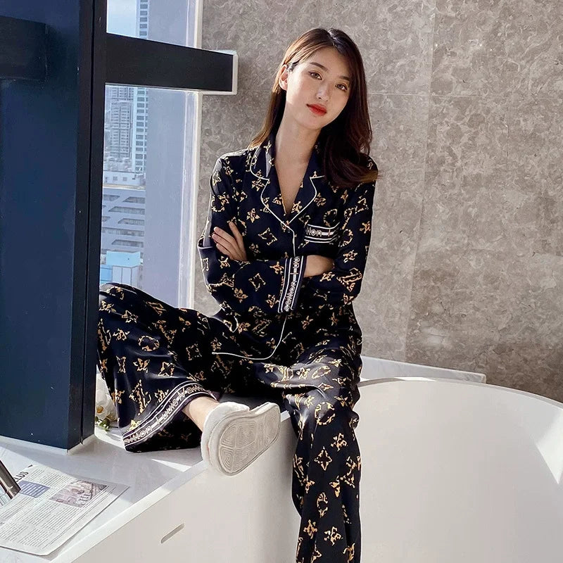 Spring Autumn High Quality Home Suit Women Long Sleeve Silk Sleepwear 2 Piece Cardigan Long-Sleeved Ladies Sleepwear Loungewear