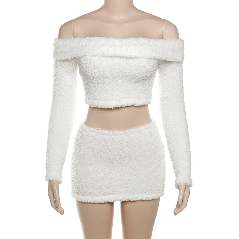 HLJ&GG Fashion Off Shoulder Fur Mini Skirts Two Piece Sets Women Long Sleeve Backless Slim Crop Top And Skirts Outfit Streetwear