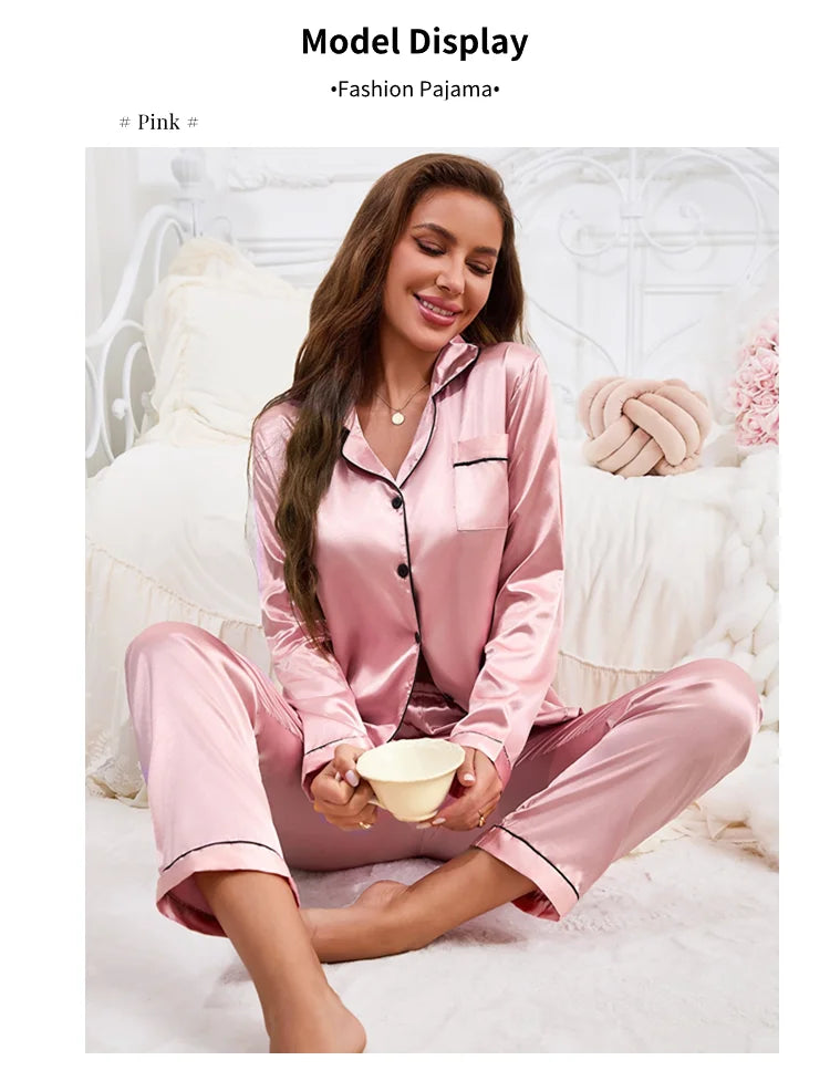 Autumn Satin Women‘s Pajamas Set Notched Collar Top & Wide Leg Long Pants 2 Pieces Sleepwear Female Loungewear Like Leisure Suit