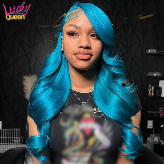180 Density Sky Blue Human Hair 613 Colorful Wig Lace Front 13X6 Transparent Lace Pre Plucked Body Wave 13X4 For Women Baby Hair