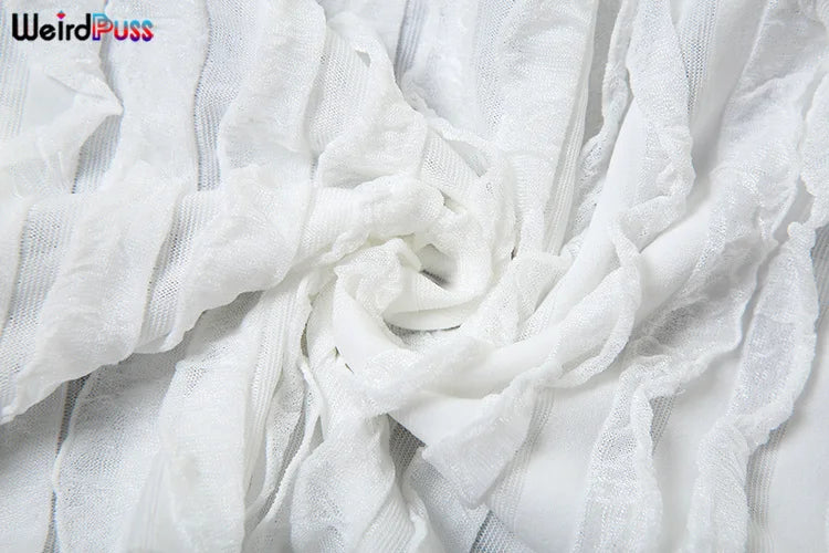 Weird Puss Ruffles Women Sexy 2piece Set See Through Low-Neck Camisole+Peach Hip Skirts Vacation Midnight Clubwear Matching Suit