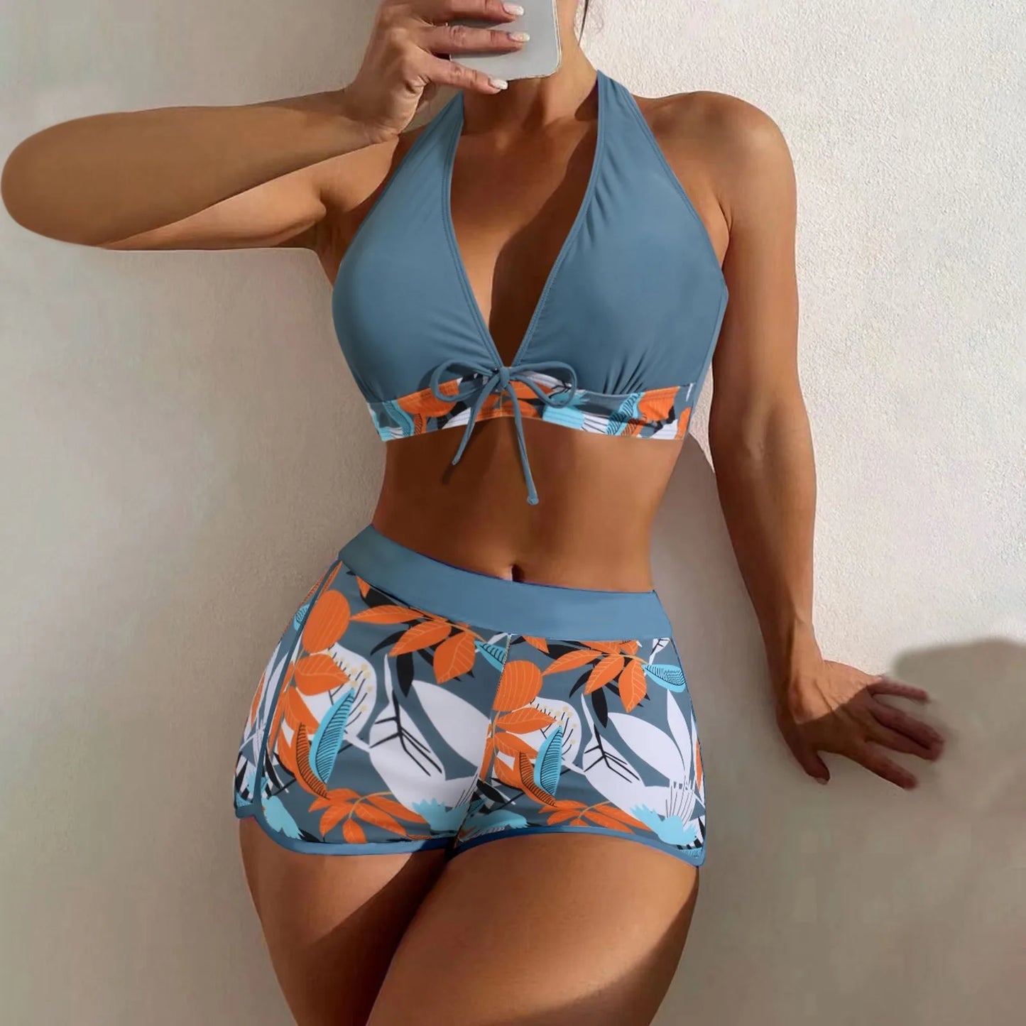 Shorts Bikinis Set  High Waist Swimsuit Women Swimwear  Plant Print Bathers Bathing Swim Suit Beachwear