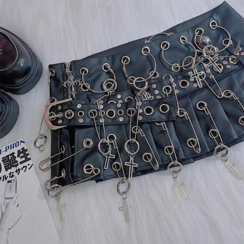 Original European American Women's Clothing New Punk Big PU Leather Belt Pleated Skirt Sexy Sweet Cool Locomotive Skirts Female