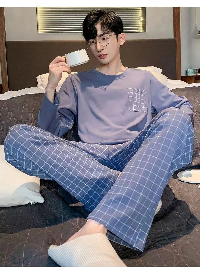 Pajamas Men Long Sleeves and Trousers Spring and Autumn Style Simple and Breathable Nightwear Student Youth Loungewear Sleepwear