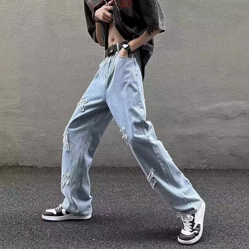Straight Leg Denim Jeans Male New Fashion Casual Loose High Street Y2k Pants New Wide Leg Hip Hop Black Blue Pants