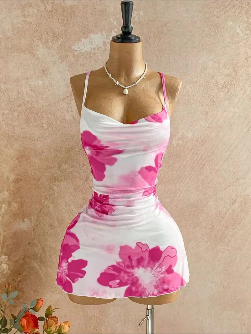 Women Thin Strap Cowl Neck Pink Floral Print Side Ruched Ruffle Hem Mini Bodycon Dress 2026 Summer Tropical Beach Y2K Going Out