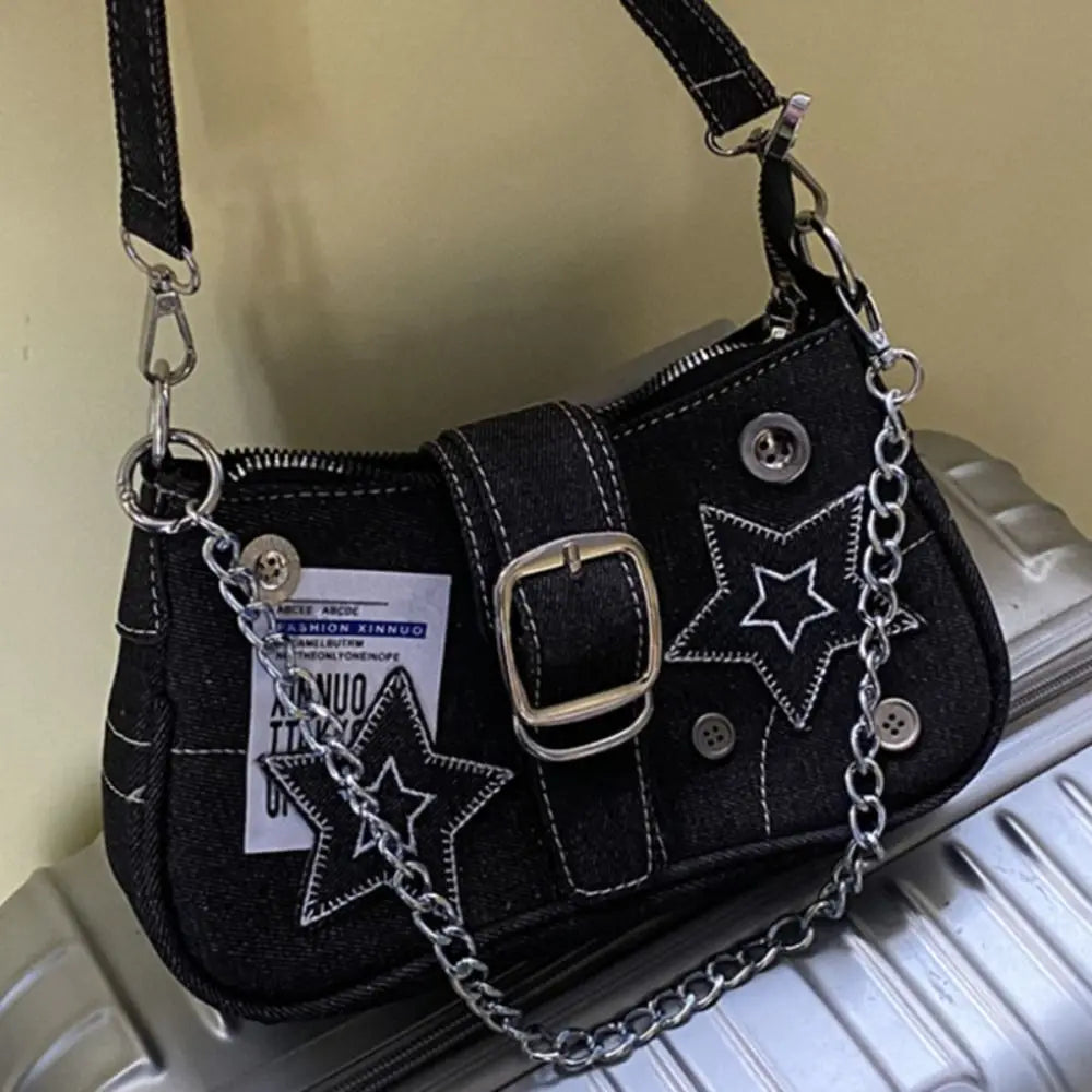 Y2K Canvas Chain Shoulder Bag jeans Stars Pattern Underarm Bag Women's Handbag for Woman Girls