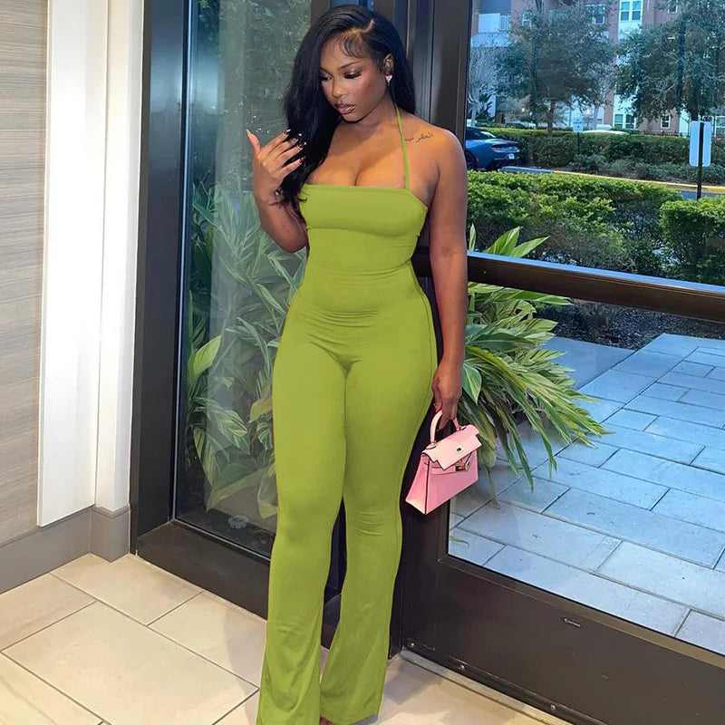 Hugcitar 2025 Spring Halter Solid Sleeveless Backless Sexy Bodycon Flare Pants Jumpsuit Women Casual Rompers Streetwear Festival