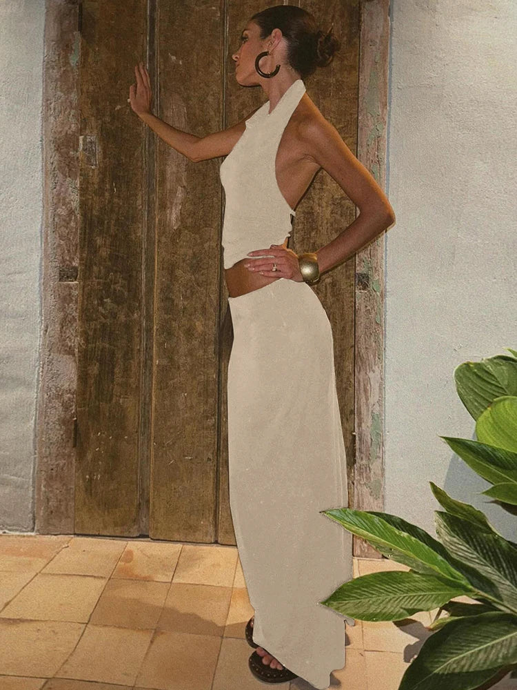 Weird Puss Simple Hollow 2 Piece Set Women Summer Halter Swing Collar Backless Crop Tops+Long Skirts Vacation Matching Outfits