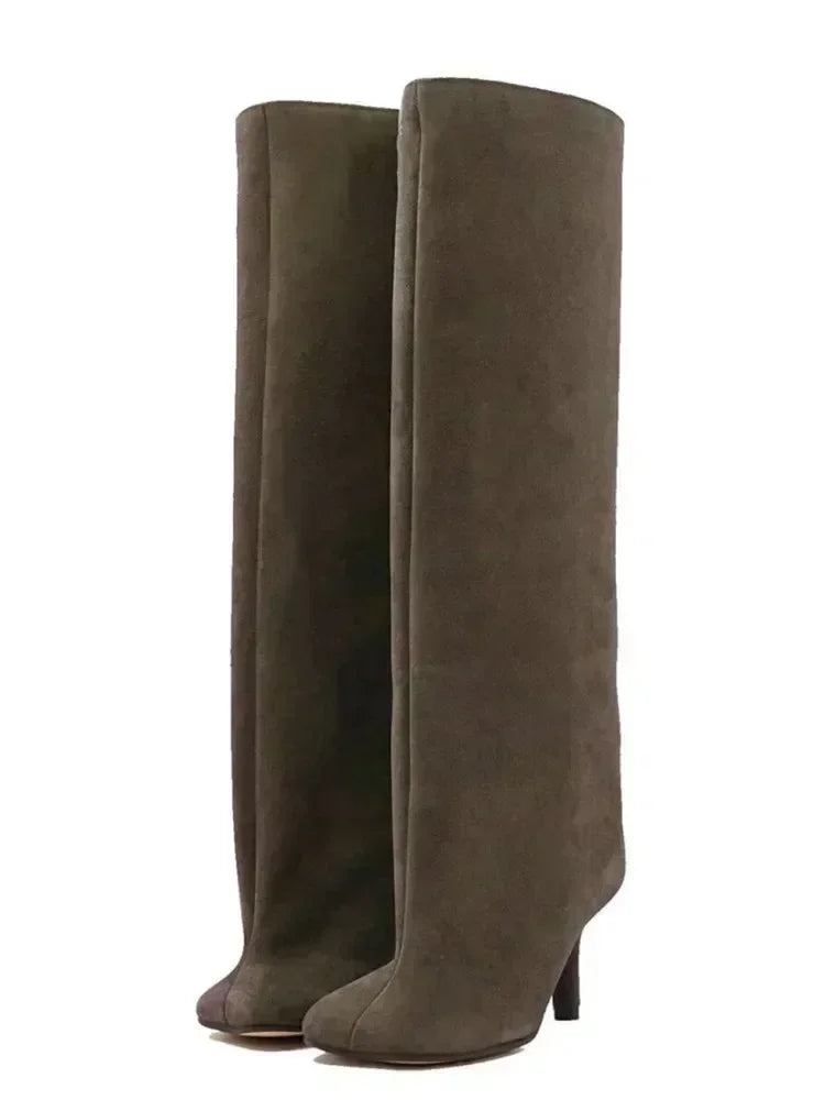2025Autumn and Winter New 6cm Slim High Heels Knee High Women's Boots Round Toe Fashionable Women's Long Boots Knight Boots
