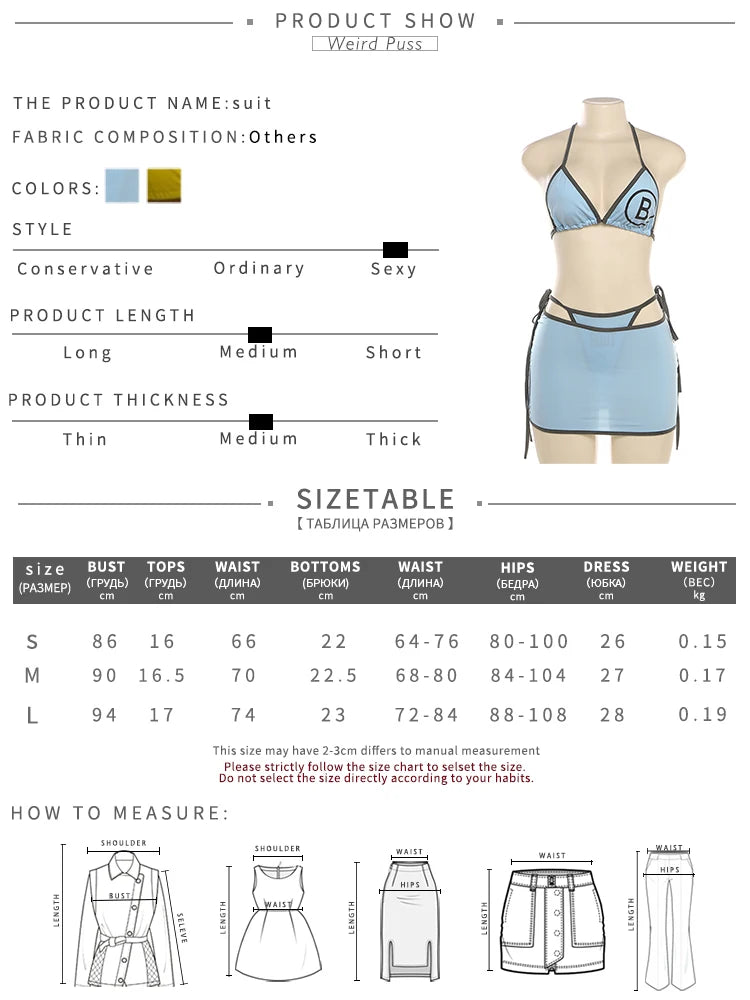 Weird Puss Beach Vacation 3Piece Set Women Letter Print Sexy Summer Bra+Bandage Briefs+Skirts Hipster Midnight Matching Clubwear