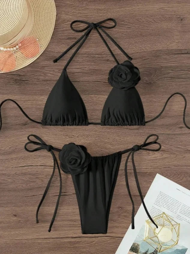 S - L Sexy 3D Flowers Halter Strappy Bikini, Swimwear Swimsuit Two-pieces Bikini Set Bather Bathing Suit Swim