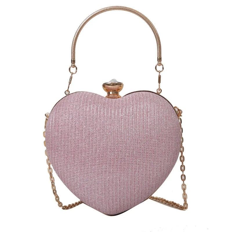 Evening Clutch Bag For Women Shiny Heart Shape Metal Clutch Chain Shoulder Purse