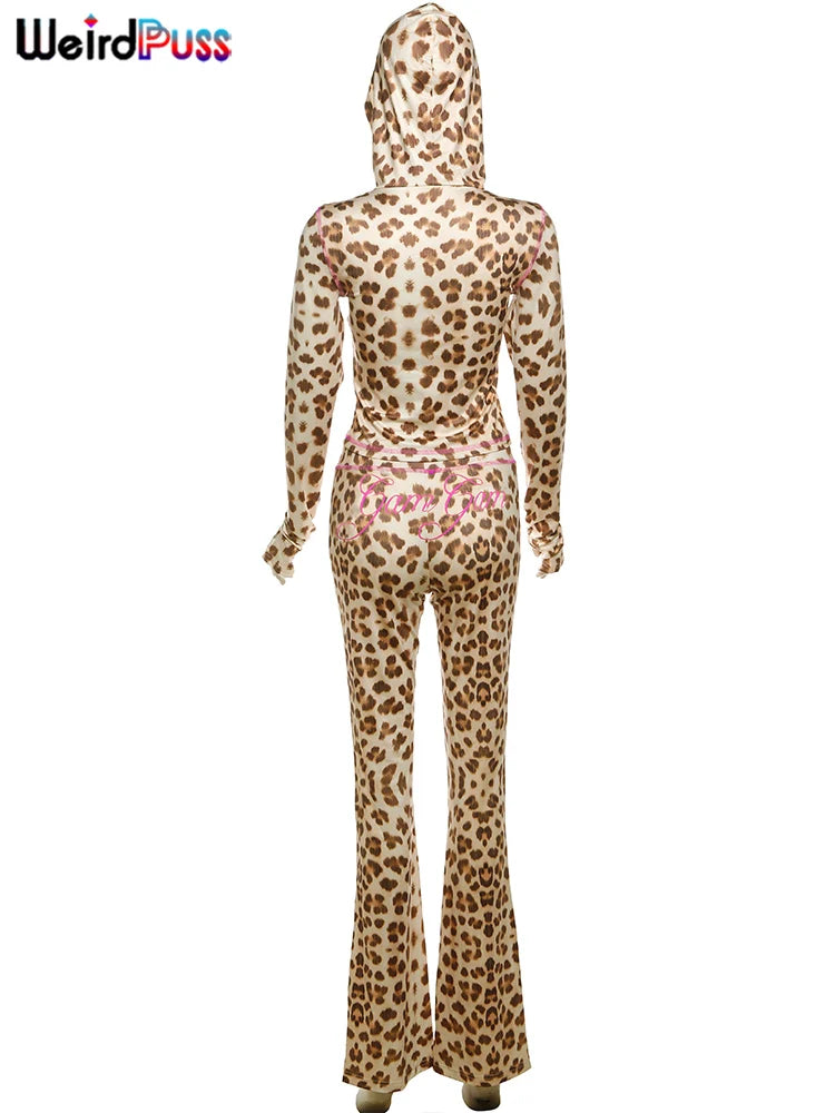 Weird Puss Leopard Contrast Letter Print 2 Piece Set Women Hooded Full Sleeve Crop Jacket+Skinny Stretch Flare Pants Trend Suits