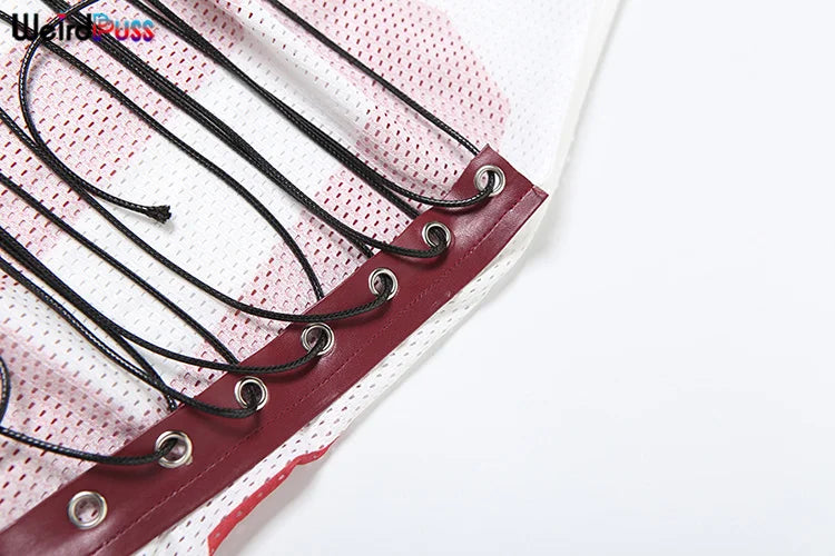 Weird Puss Mesh Halter Crop Tops Woman Summer Bandage Backless Patchwork Number Print Swing Collar Party Streetwear Skinny Vest