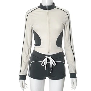STYLISH LADY Contrast Color Sporty 2 Piece Set Women Long Sleeve Zipper Crop Top and Drawstring Short Suits 2025 Workout Outfits