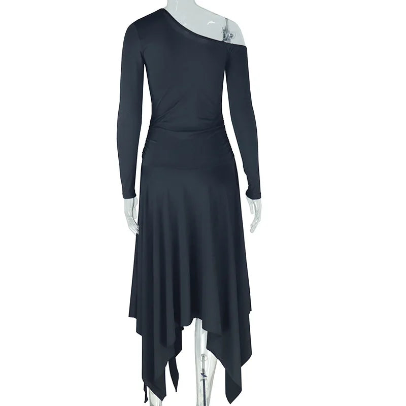 Weird Puss Ruched Asymmetry Dress Women Diagonal Collar Skinny Full Sleeve Ruffles Slits Hem Midnight Hottie Club Trend Outfits